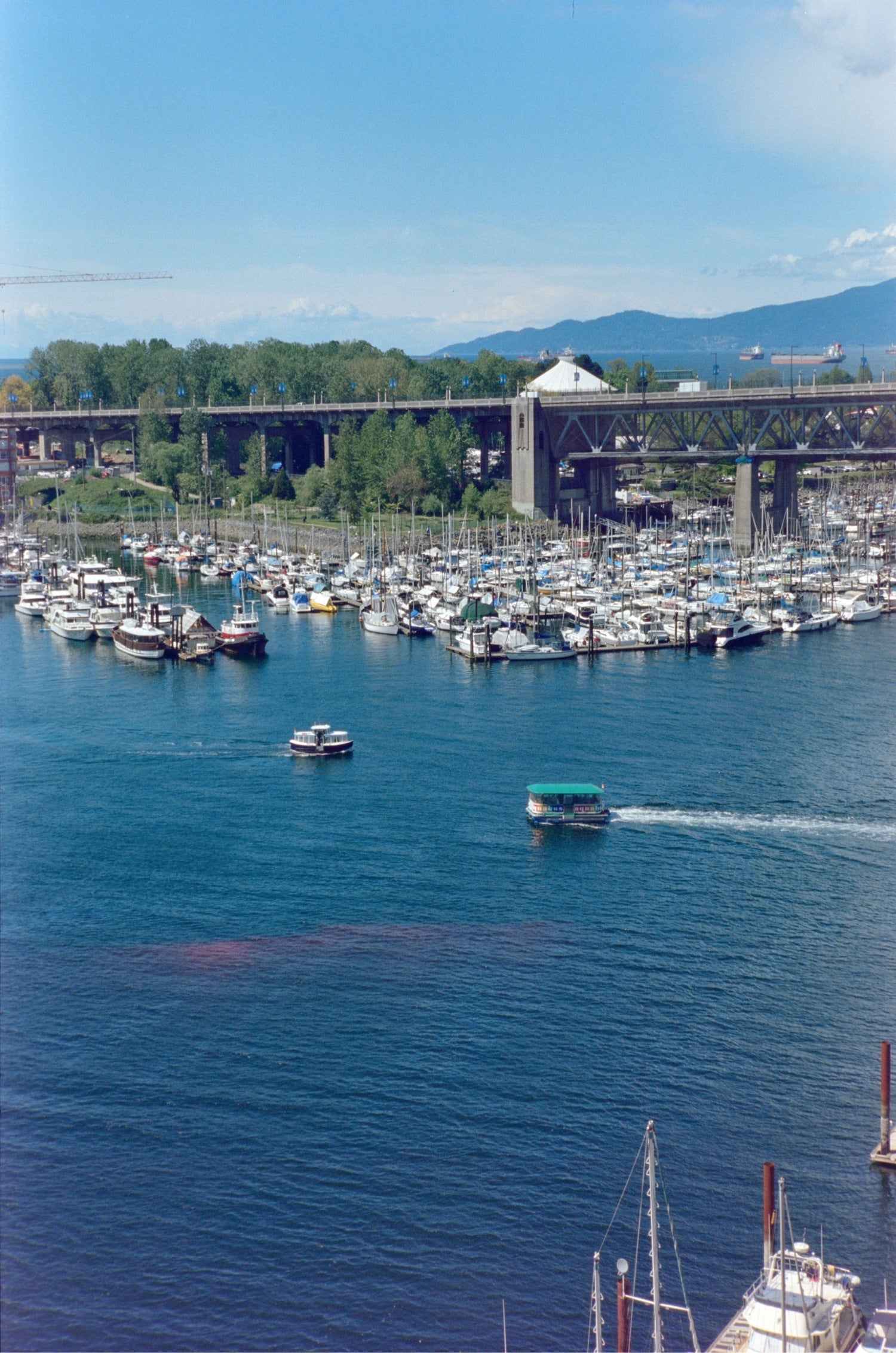 Aerial view of harbor and mountains shot on MISO 200 film with medium grain